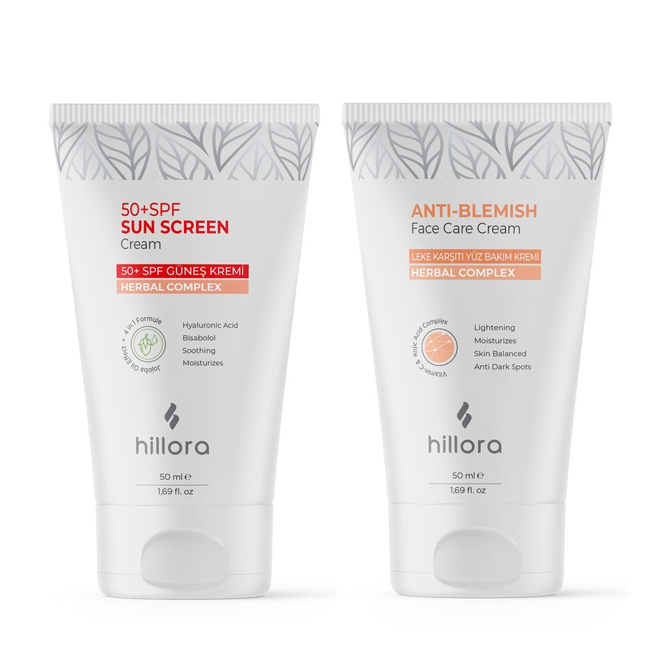 Hillora Güneş Kremi 50 SPF + Hillora Leke Karşıtı Yüz Bakım Kremi Set