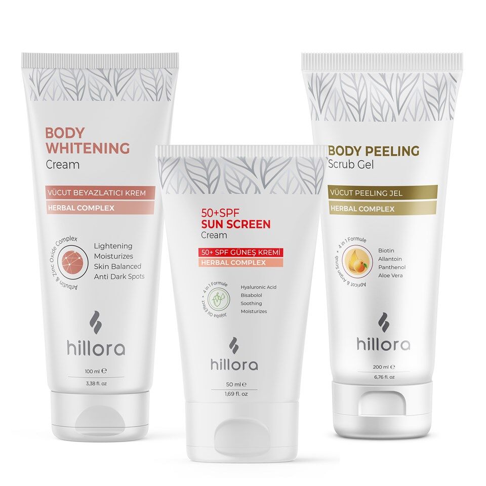 هيلورا كريم تبييض الجسم من هيلورا + كريم واقي الشمس من هيلورا 50 SPF + مجموعة هيلورا جل تقشير الجسم للعناية بالجسم