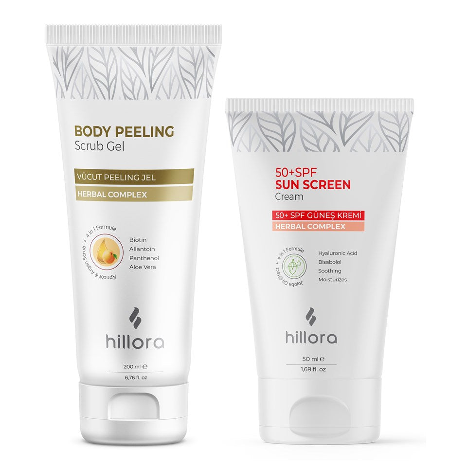 هيلورا جل تقشير الجسم هيلورا + واقي الشمس هيلورا 50 SPF 50
