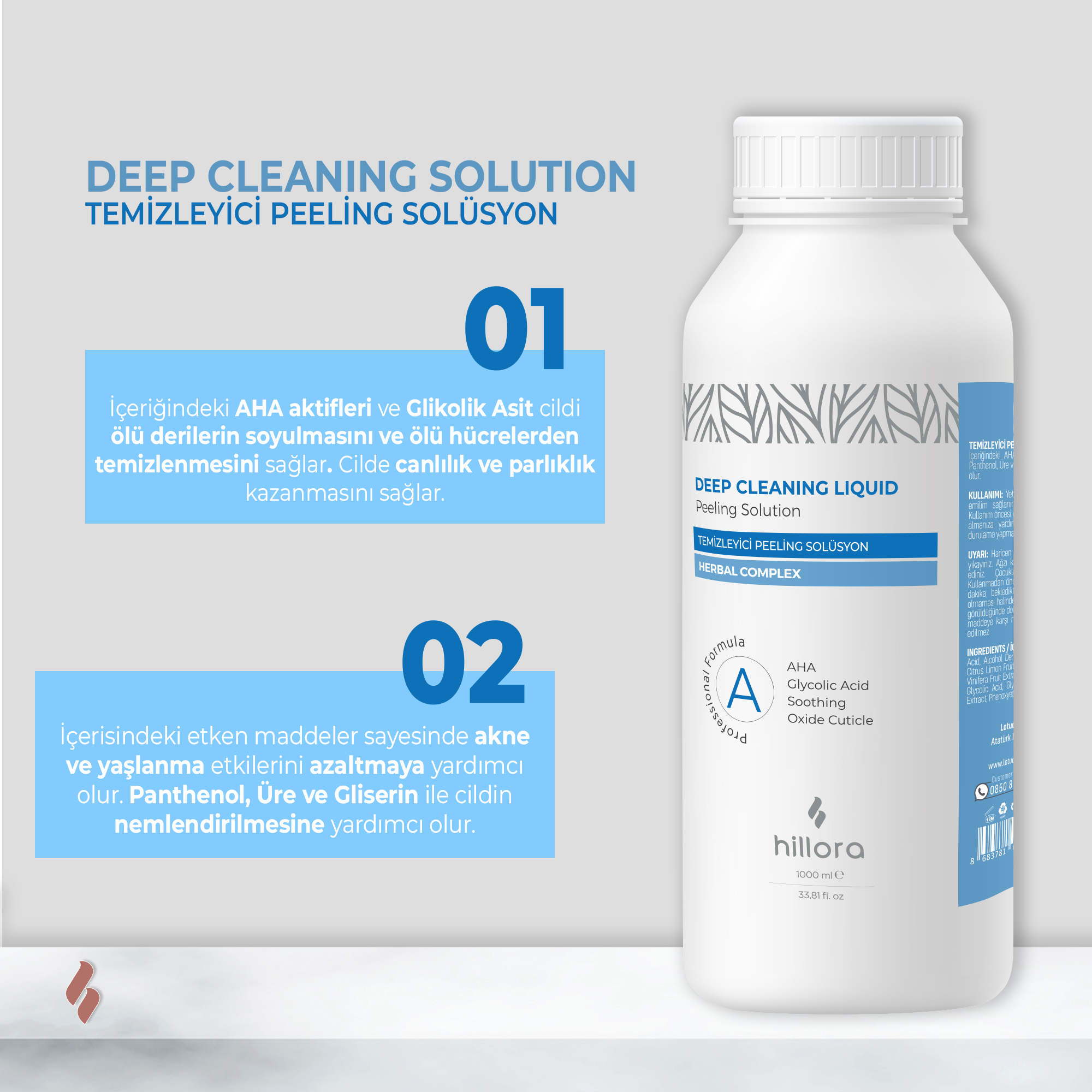 Hillora Hydrafacial AHA Solution nettoyante et exfoliante efficace 1000ml