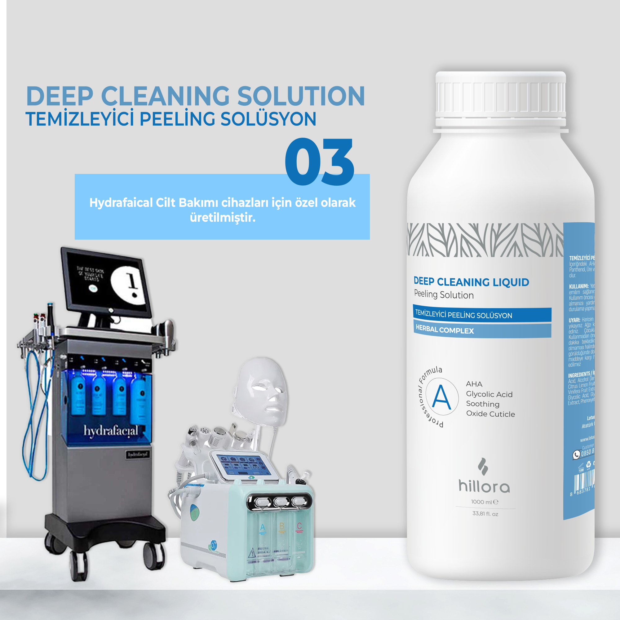 Hillora Hydrafacial AHA Solution nettoyante et exfoliante efficace 1000ml