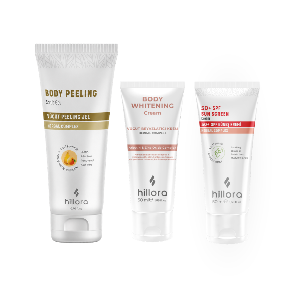 Hillora Body Whitening Cream + Hillora Sunscreen 50 SPF + Hillora Body Peeling Gel Body Care Set