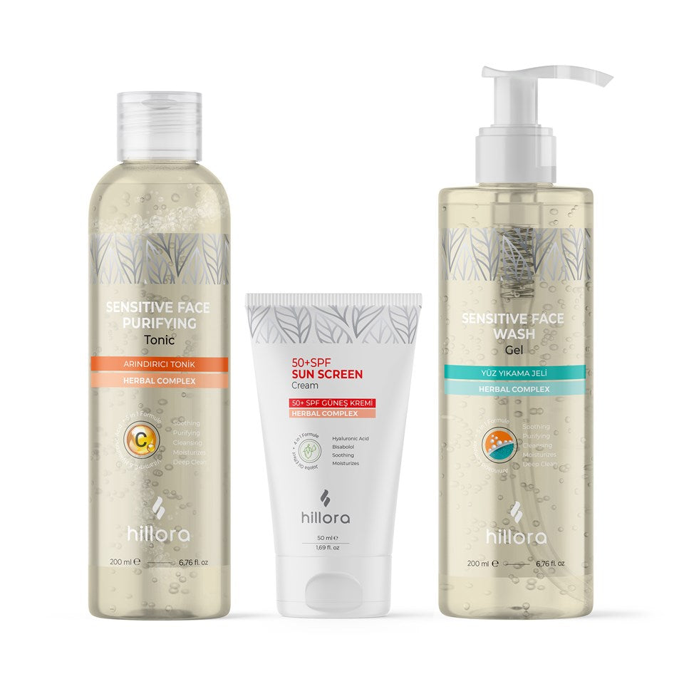 Hillora 50 SPF Güneş Kremi + Arındırıcı Tonik + Yüz Yıkama Jeli