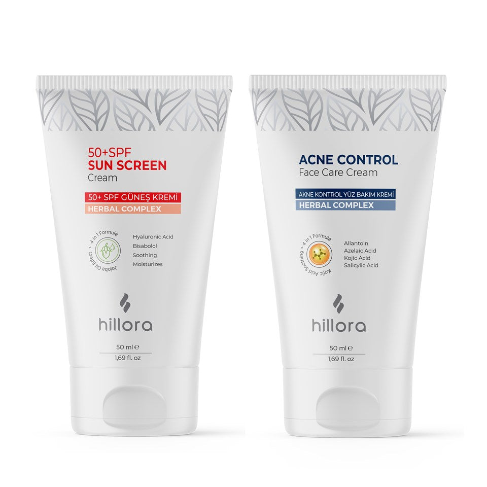 Hillora Güneş Kremi 50 SPF + Hillora Akne Kontrol Yüz Bakım Kremi Set