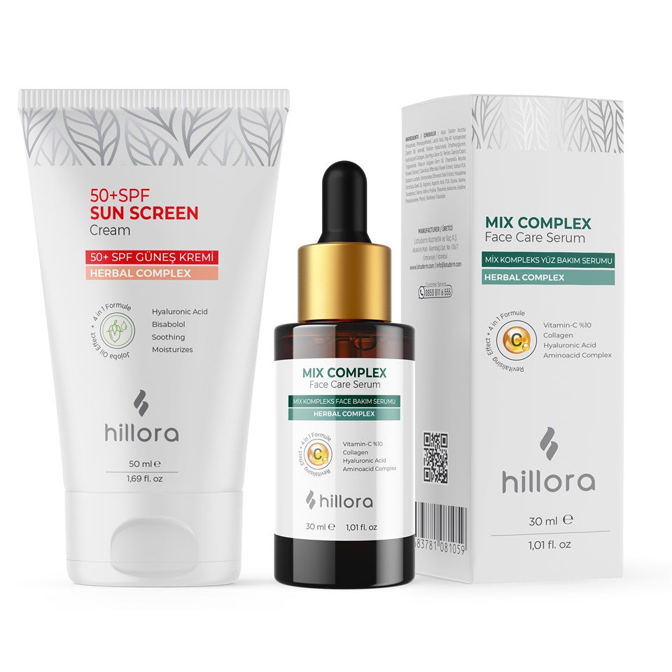 Hillora Güneş Kremi 50 SPF + Hillora Mix Complex Yüz Bakım Serumu Set