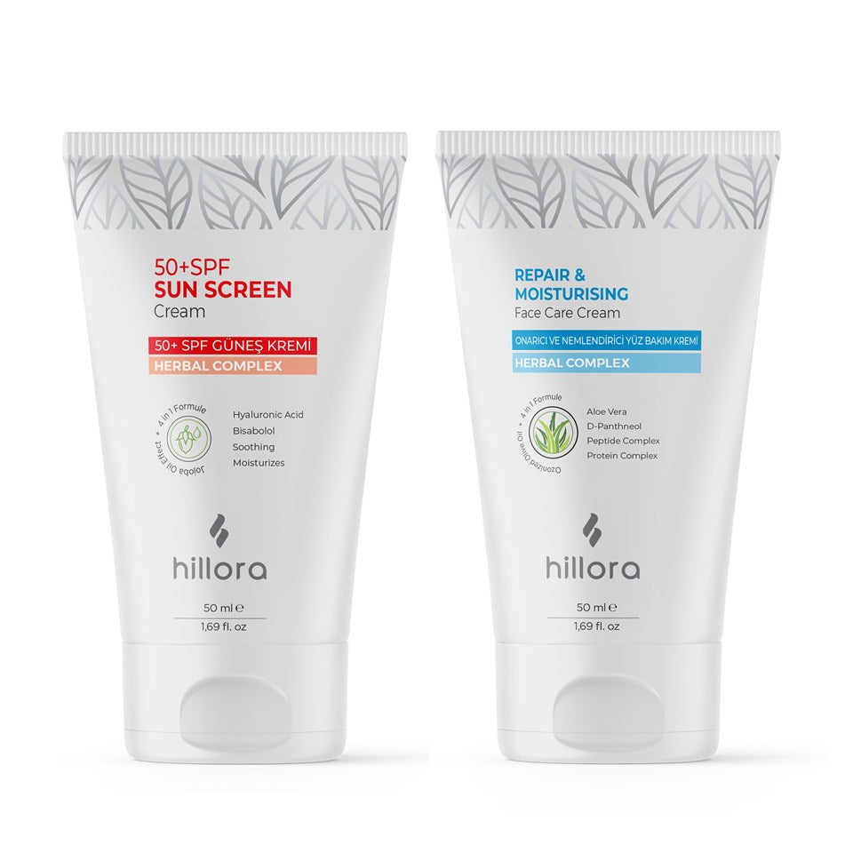 Hillora Güneş Kremi 50 SPF + Hillora Onarıcı ve Nemlendirici Yüz Bakım Kremi Set