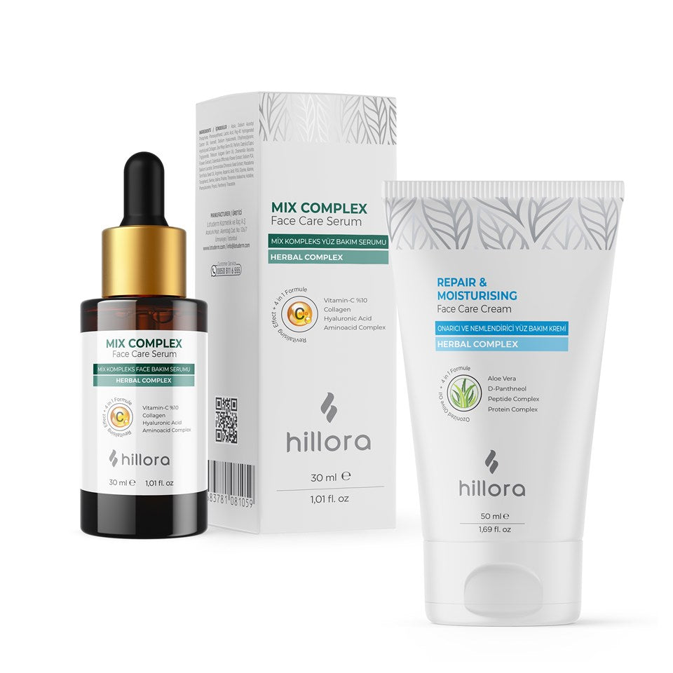Hillora Mix Complex Yüz Bakım Serumu + Hillora Onarıcı ve Nemlendirici Yüz Bakım Kremi