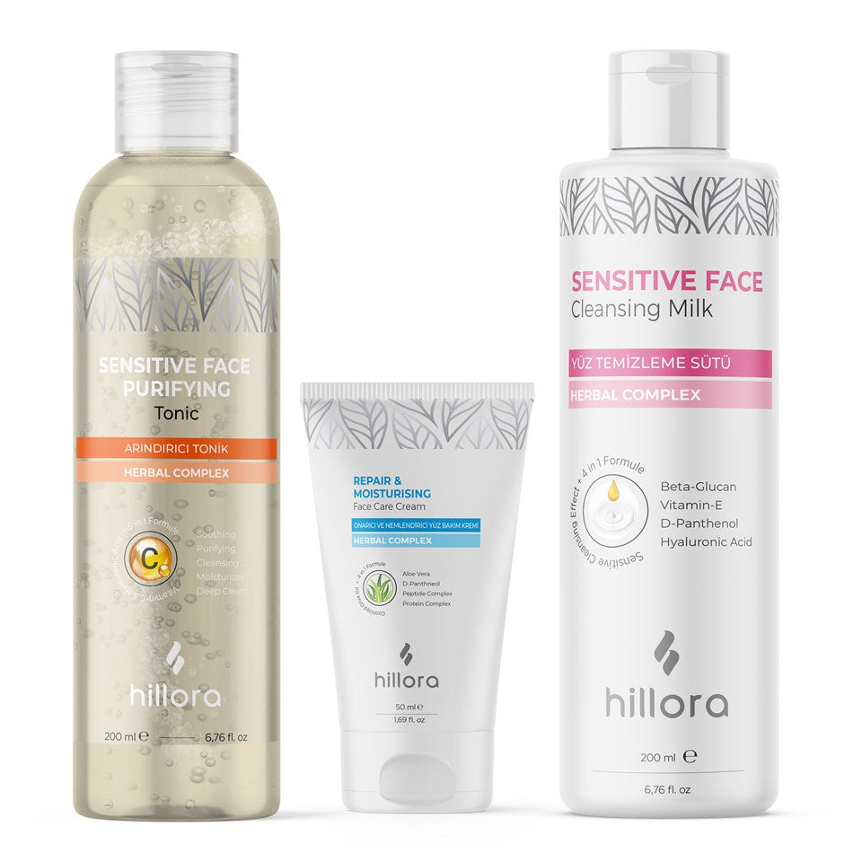 Hillora Onarıcı ve Nemlendirici Yüz Bakım Kremi + Hillora Arındırıcı Tonik + Hillora Yüz Temizleme Sütü Seti
