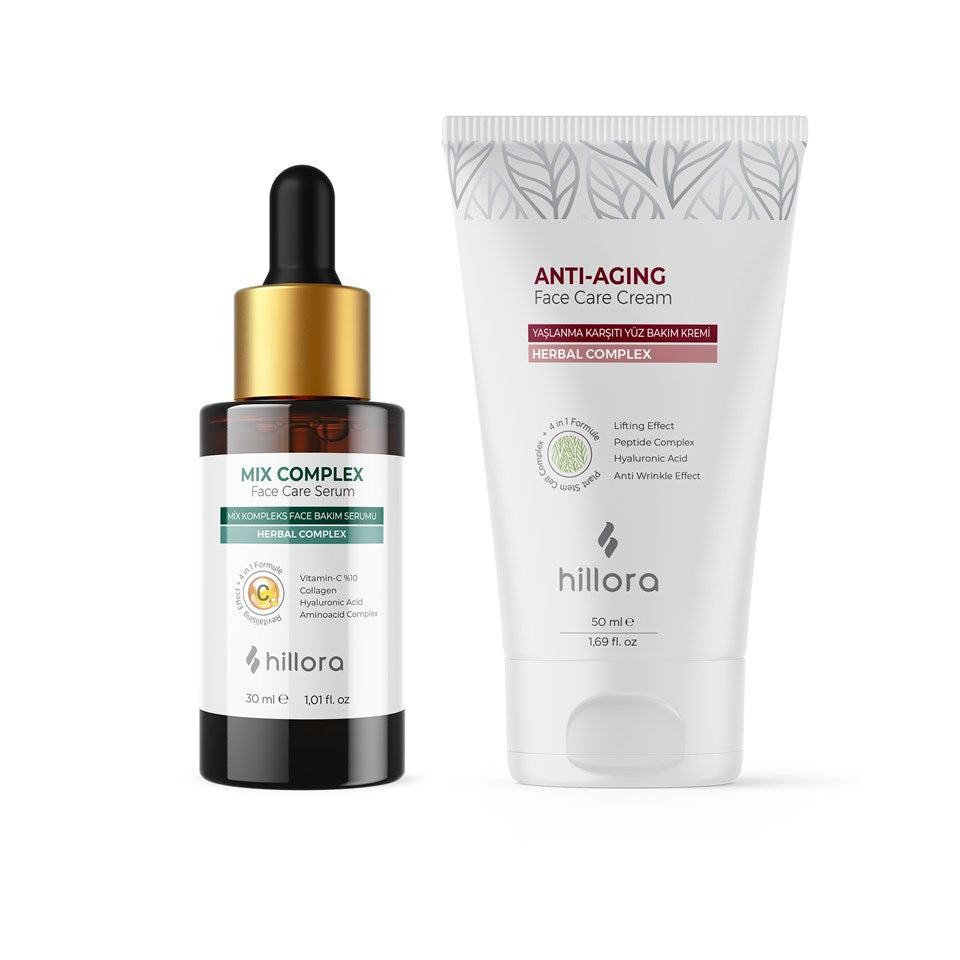 Hillora Mix Complex Yüz Bakım Serumu + Hillora Yaşlanma Karşıtı Yüz Bakım Kremi Cilt Bakım Seti