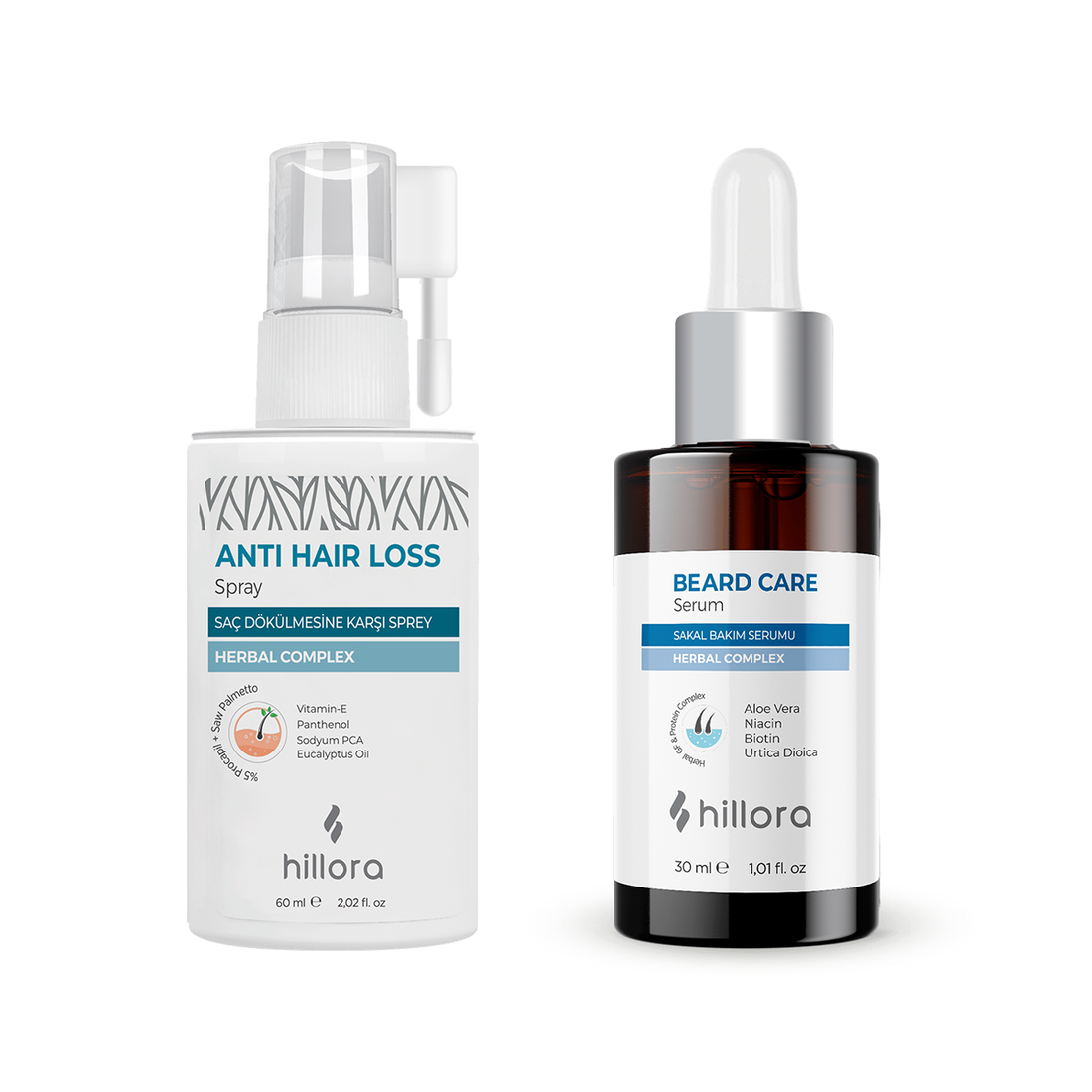 Hillora Saç Dökülmesine Karşı Sprey 60ml & Sakal Bakım Serumu 30ml Seti